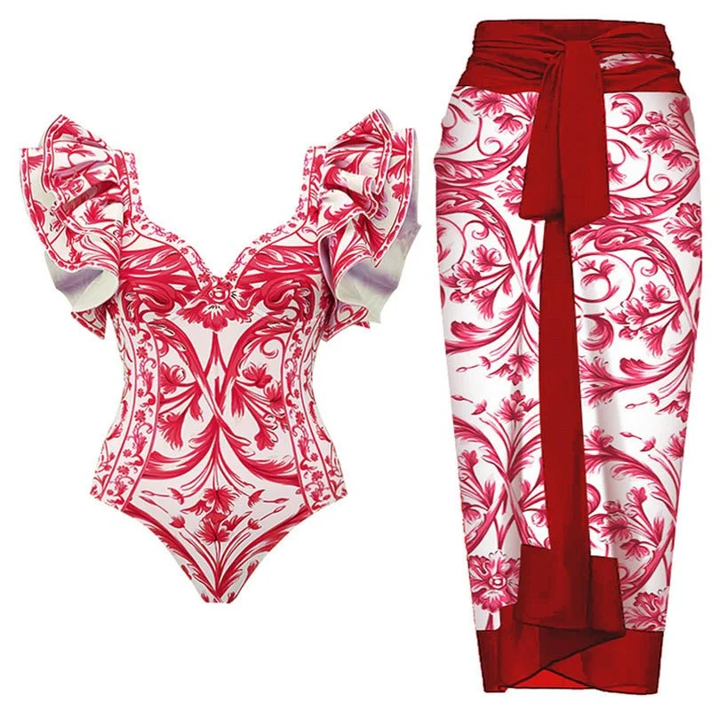 One Peice Floral Red Swimwear with Sarong By Sinderella