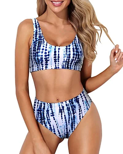 High Cut Swimsuit Sporty Two Piece Scoop Neck Bikini For Long Torso-Blue Tie Dye