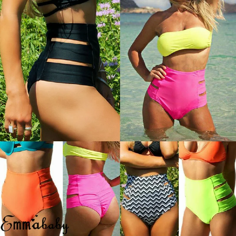 Women Vintage Bikini Panties High Waist Swimwear Bottom Solid Side Split Hollow Bandage Female Swimsuit Briefs Beachwear Bathing