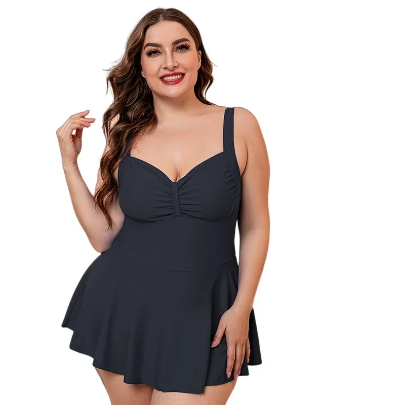 Plus Size Black Gathered Detail Swim Dress