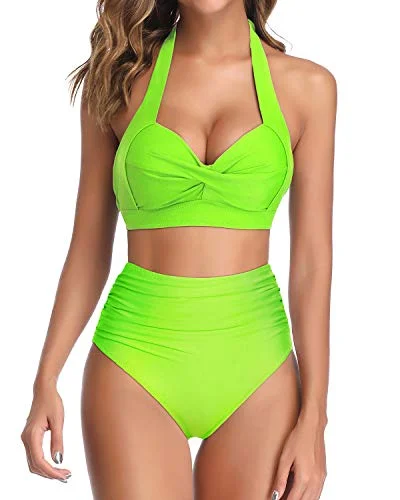 Two Piece Adjustable Self-Tie Halter Neck Women's Bikini Swimsuits-Neon Green