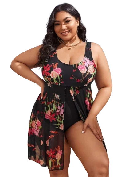 Plus Floral Print Black Split One Piece Swimsuit