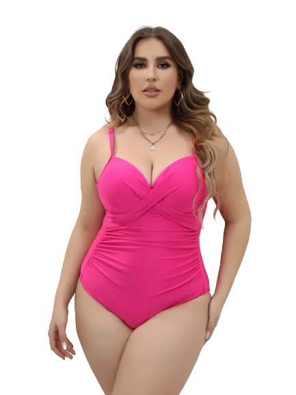 Plus Ruched Wrap Cross Push Up One Piece Swimsuit Pink