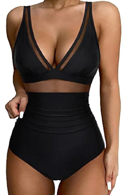 Solid Mesh Contrast V Neck Stretchy Ruched One-piece Swimsuit Black