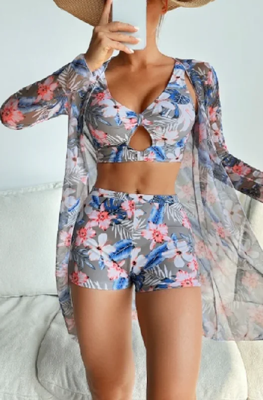 Tropical Floral Print Stretchy 3 Piece Set Bikini With Long Sleeve Kimono Grey