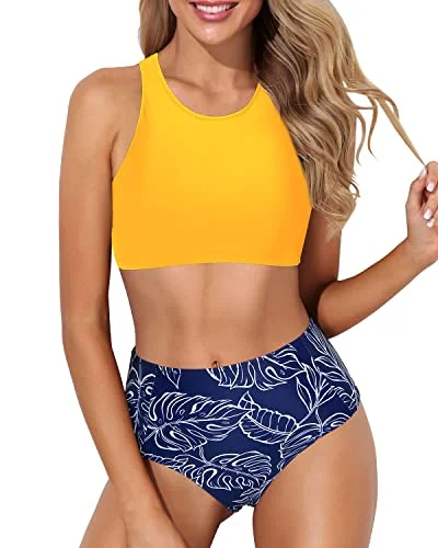 Removable Padded High Neck Racerback Two Piece Bikini Set-Yellow And Blue Leaf