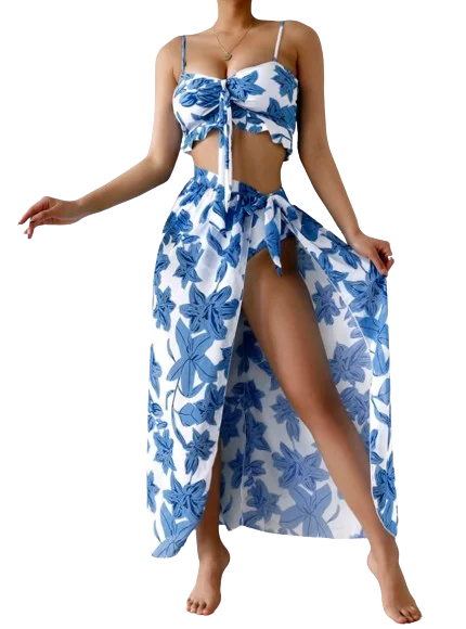 Floral Print 3pack Ruffle Hem Bikini Swimsuit Blue 