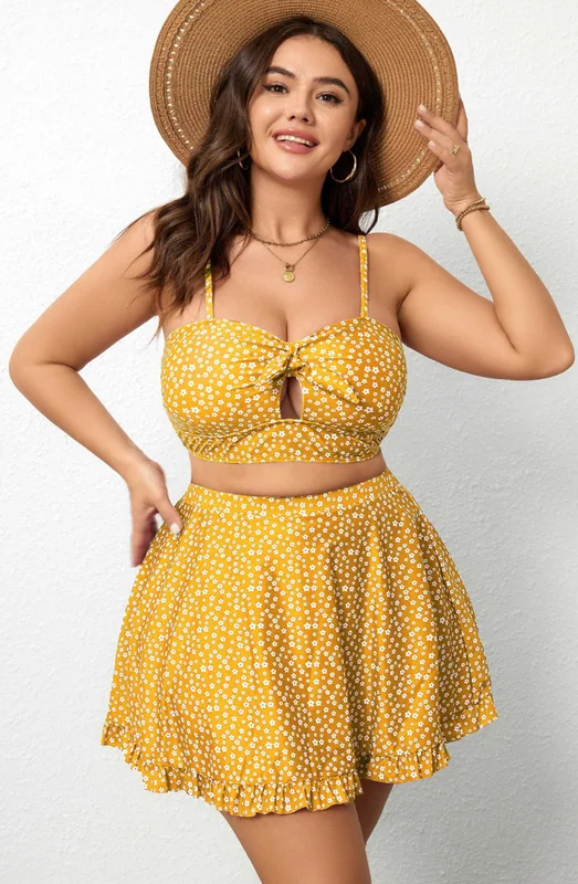 Plus Size Ditsy Random Print Ruffle Hem Cover Up Skirt Yellow