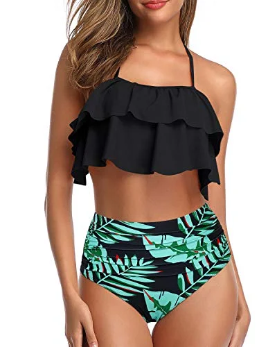 Elegant High Waisted Halter Bikini Set Tiered Ruffles For Women-Black And Green Leaf