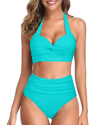 Women's Push Up Padded Halter High Waist High Leg Bikini Swimsuit-Aqua