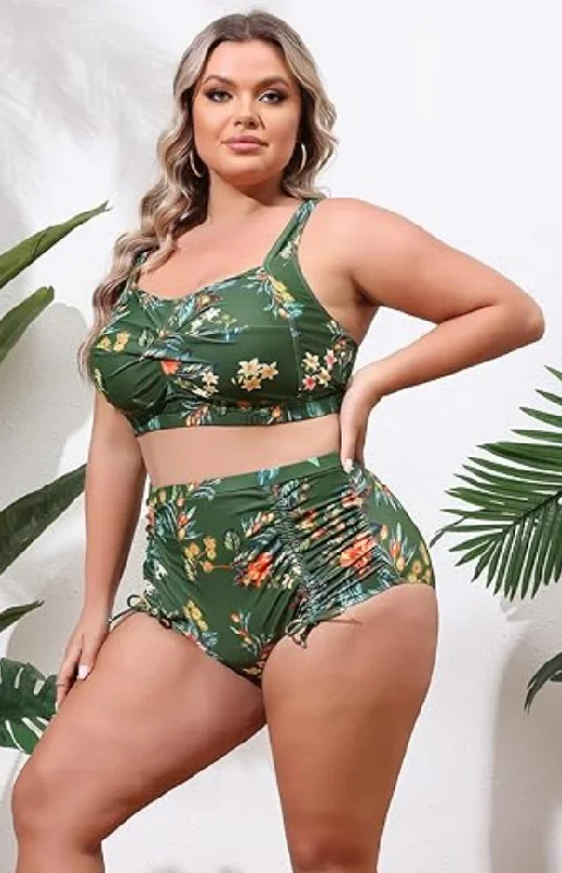 Ruched Tummy Control High Waist Bikini Set Two Piece Swimwear Green