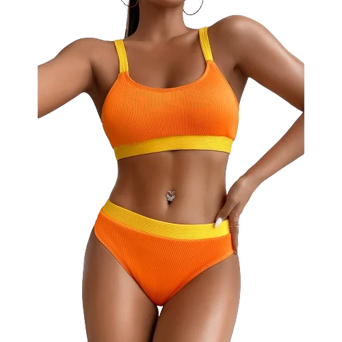 Orange Color Block Ribbed Bikini Swimwear