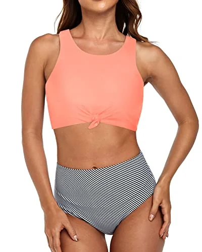 Modest Two Piece High Waisted Bathing Suits For Women-Coral Pink Stripe