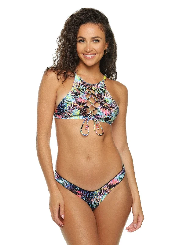 Valentina Laced Front Halter Bikini Top - Leaf It Up To The Sun Abstract Print