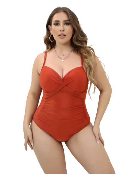 Plus Ruched Wrap Cross Push Up One Piece Swimsuit Rust Orange