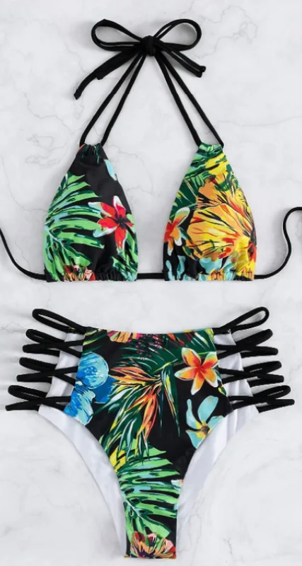 Women's Crossover Bikini Sets Floral Tropical Green