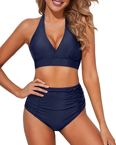 Summer Beachwear Two Piece Bikini Halter Top And Ruched High Waisted Bikini-Navy Blue