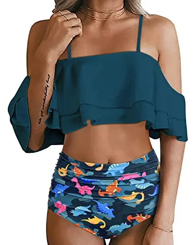 Charming High Waisted Ruffle Bikini Set For Women-Blue Green Dinosaur