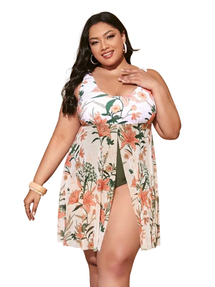 Plus Floral Print White Split One Piece Swimsuit