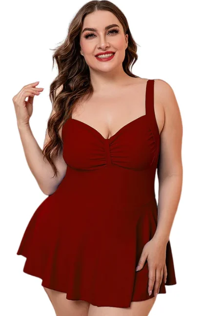 Plus Size Maroon Gathered Detail Swim Dress