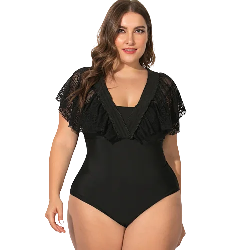 Plus Size Convertible Off Shoulder Strap Lace One Piece Swimsuit