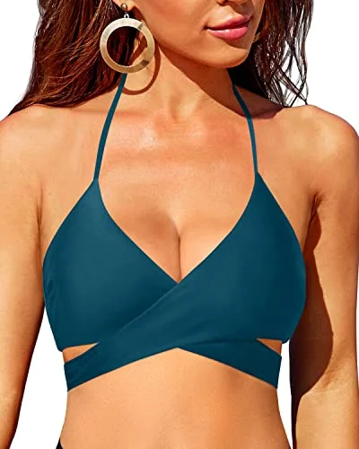 Wrap Criss Cross Push Up Bikini Top Halter Swimsuit Top Only-Teal