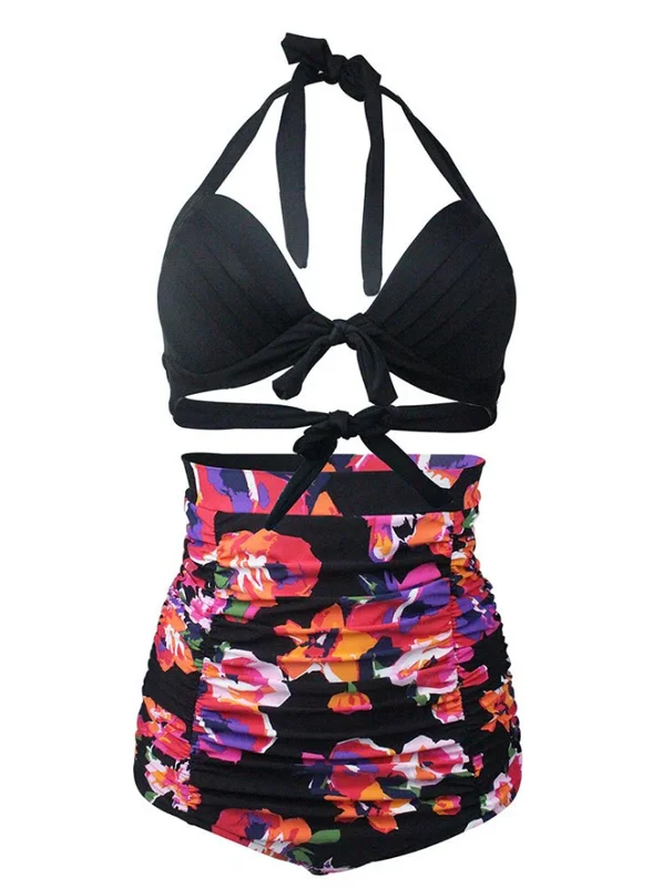 Plus Size Black Floral Print Halter Backless Retro Style Bikinis Swimwear