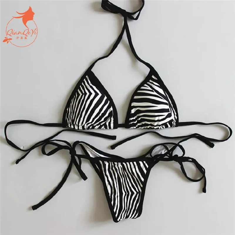 2018 new sexy padded thong bottom bandage swimsuit  Halter Brazilian bikinis set Zebra push up women swimwear bathing suit