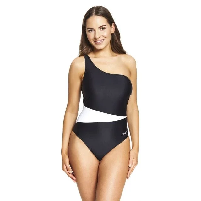 Zoggs Lattice One Shoulder Women Swim Monokini Black/White  1229200